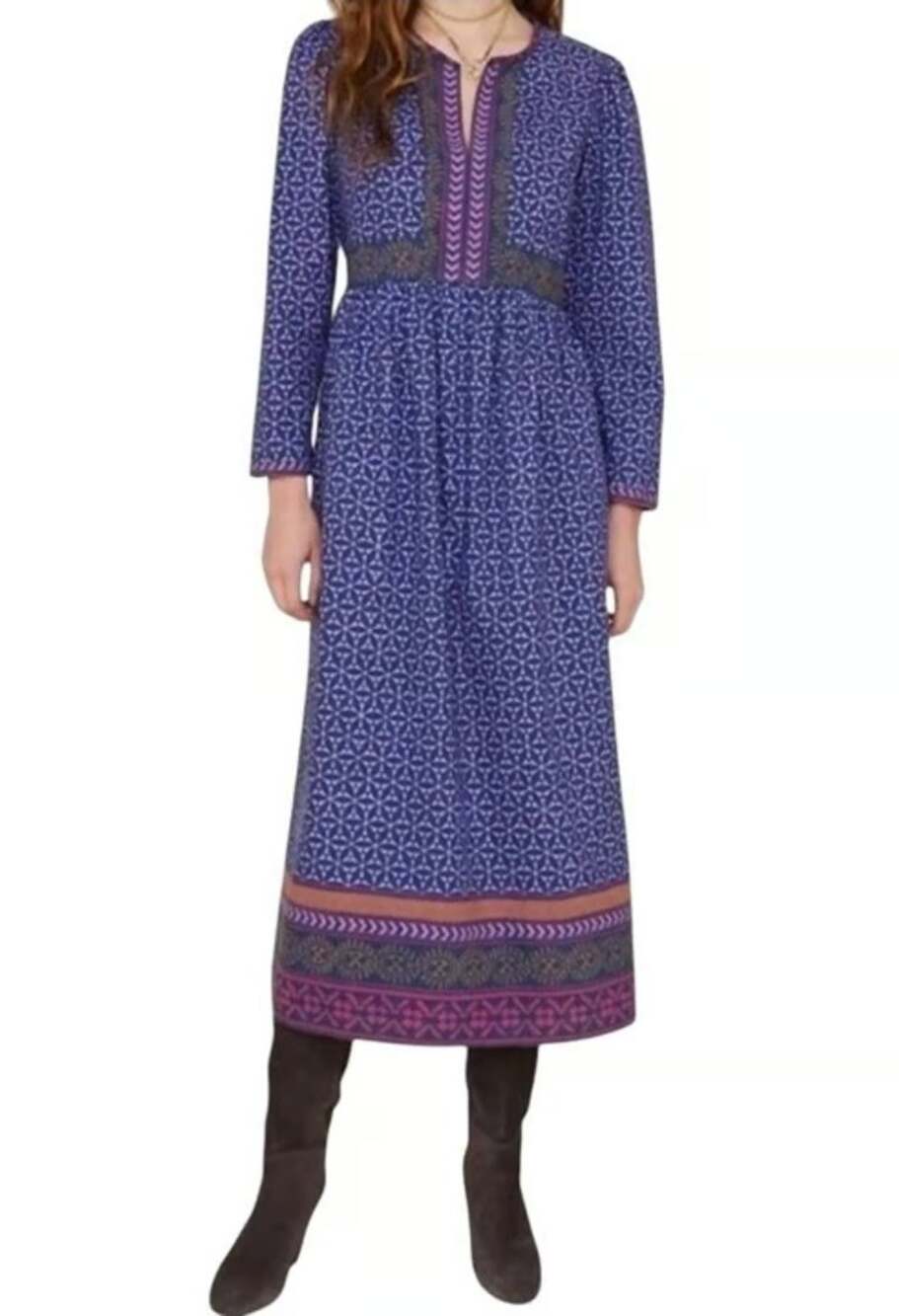 NWT Xirena Purple Pure Cotton Printed Long Sleeve Mallory Midi A-Line Dress S